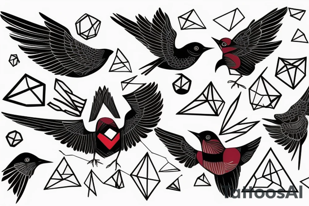 sketch geometric abstract style robin bird mid-flight with spread wings, dynamic, small amount of red accent tattoo idea