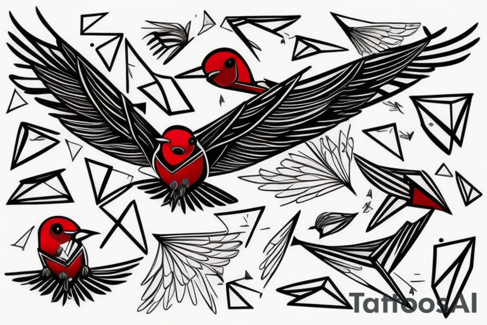 sketch geometric abstract style robin bird mid-flight with spread wings, dynamic, small amount of red accent tattoo idea