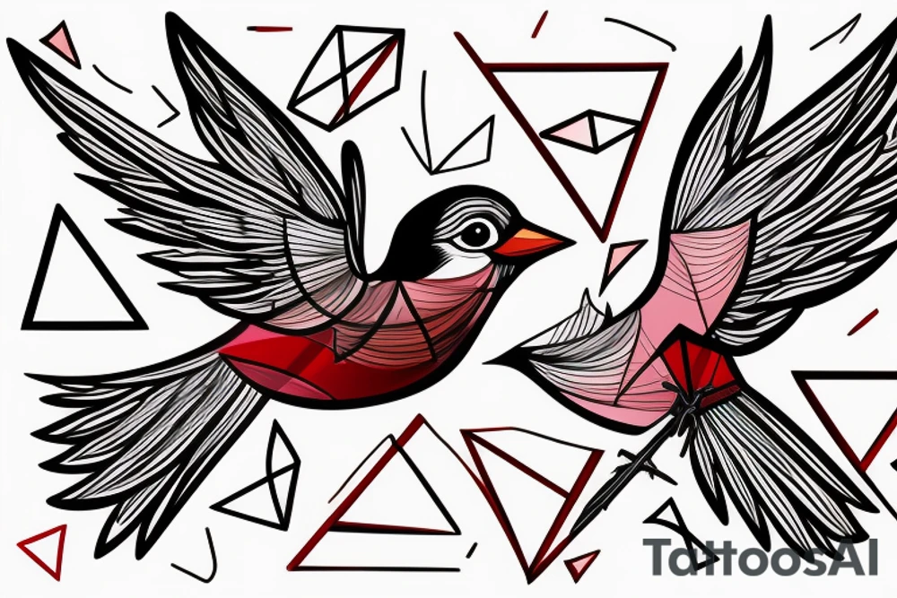 sketch geometric abstract style robin bird mid-flight with spread wings, dynamic, small amount of red accent tattoo idea