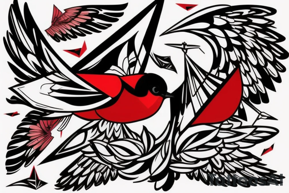 sketch geometric abstract style robin bird mid-flight with spread wings, dynamic, small amount of red accent tattoo idea