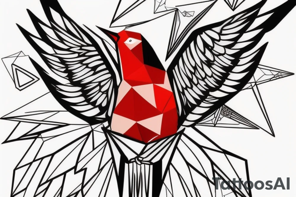 sketch geometric abstract style robin bird mid-flight with spread wings, dynamic, small amount of red accent tattoo idea