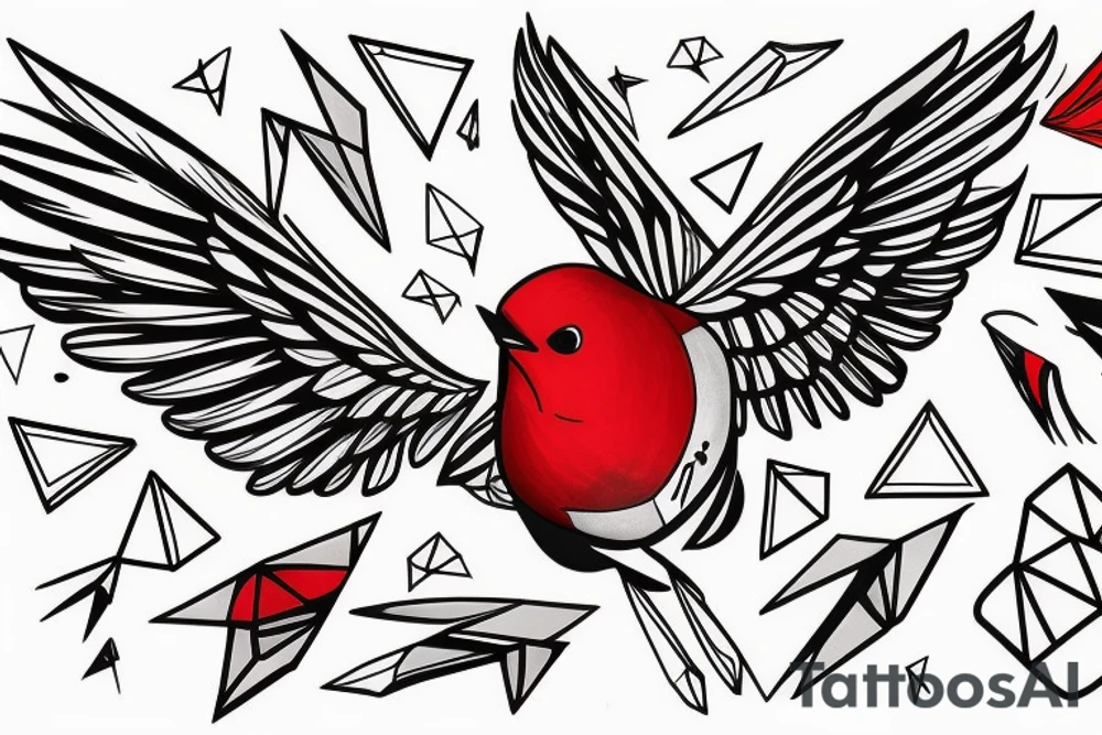 sketch geometric abstract style robin bird mid-flight with spread wings, dynamic, small amount of red accent tattoo idea