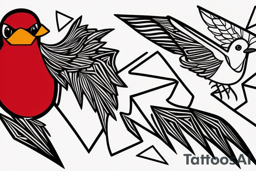 sketch geometric abstract style robin bird mid-flight with spread wings, dynamic, small amount of red accent tattoo idea