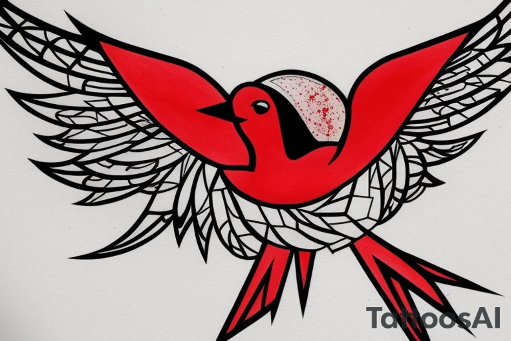 sketch geometric abstract style robin bird mid-flight with spread wings, dynamic, small amount of red accent tattoo idea