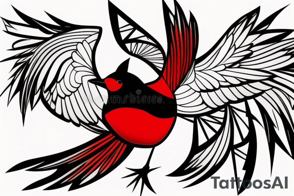 sketch geometric abstract style robin bird mid-flight with spread wings, dynamic, small amount of red accent tattoo idea