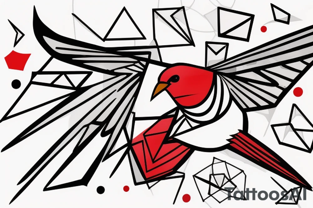 sketch geometric abstract style robin bird mid-flight with spread wings, dynamic, small amount of red accent tattoo idea