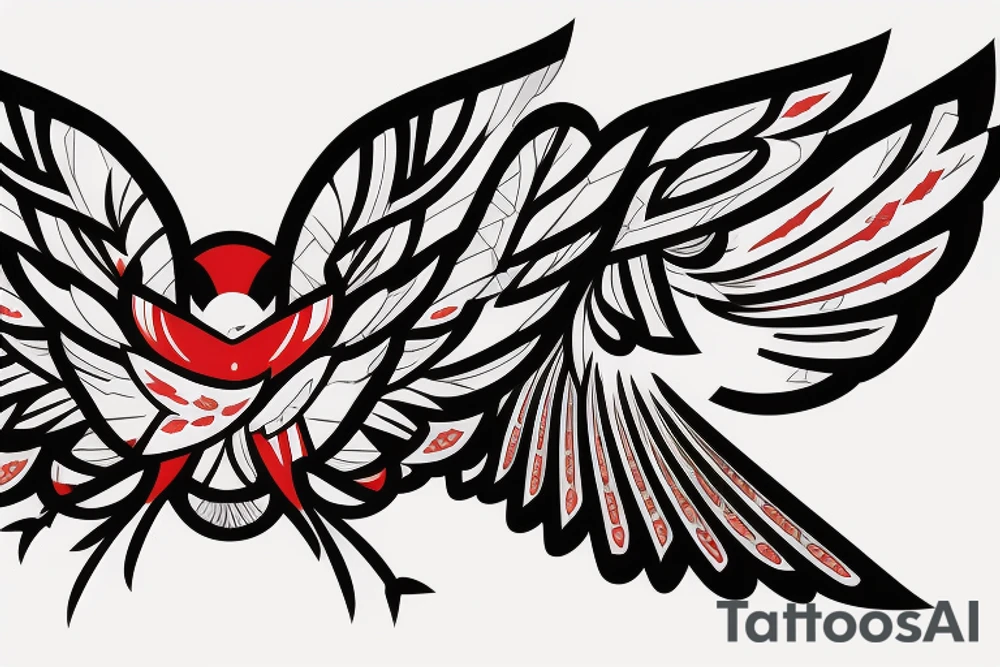 sketch geometric abstract style robin bird mid-flight with spread wings, dynamic, small amount of red accent tattoo idea