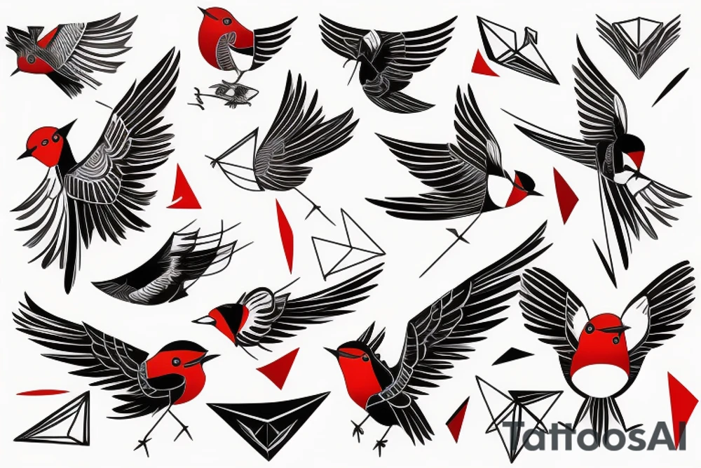 sketch geometric abstract style robin bird mid-flight with spread wings, dynamic, small amount of red accent tattoo idea