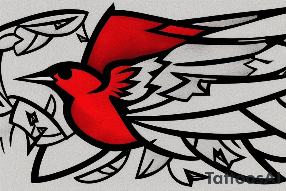 sketch geometric abstract style robin bird mid-flight with spread wings, dynamic, small amount of red accent tattoo idea