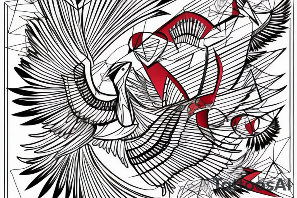 sketch geometric abstract style robin bird mid-flight with spread wings, dynamic, small amount of red accent tattoo idea