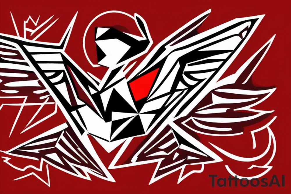 sketch geometric abstract style robin bird mid-flight with spread wings, dynamic, small amount of red accent tattoo idea
