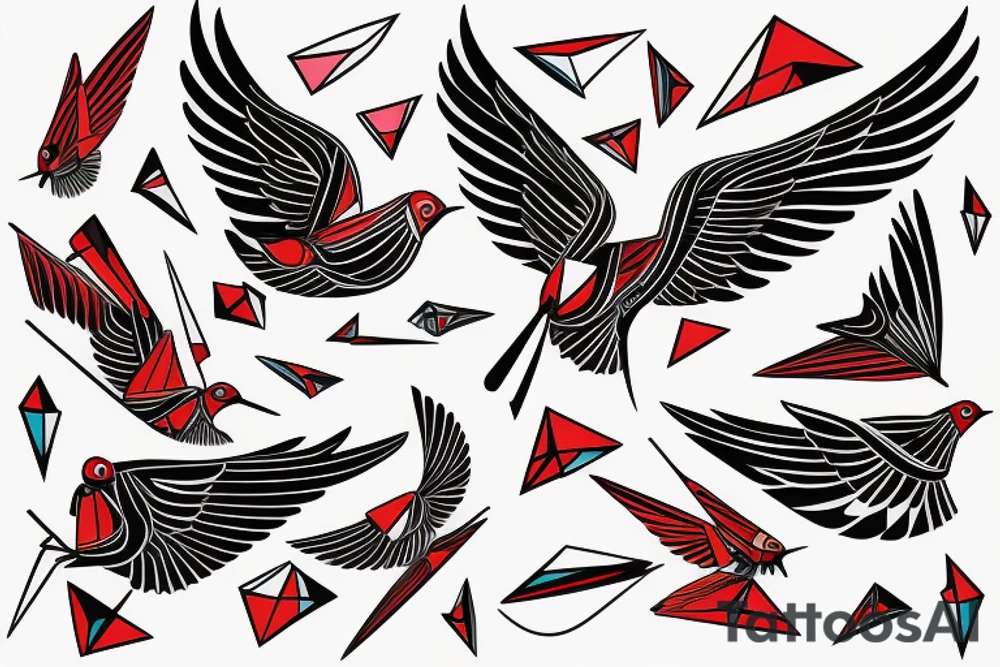 sketch geometric abstract style robin bird mid-flight with spread wings, dynamic, small amount of red accent tattoo idea