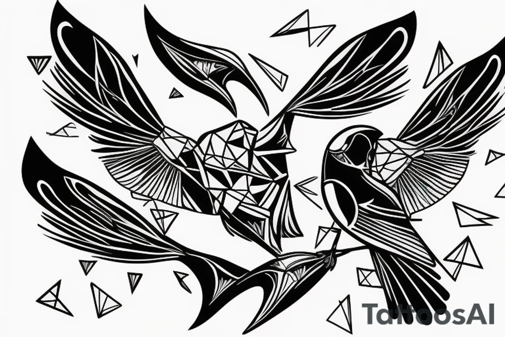 sketch geometric abstract style robin bird mid-flight with spread wings, dynamic, small amount of red accent tattoo idea