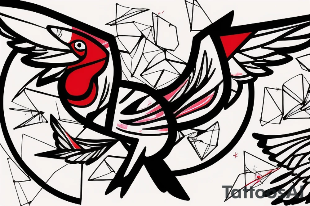 sketch geometric abstract style robin bird mid-flight with spread wings, dynamic, small amount of red accent tattoo idea