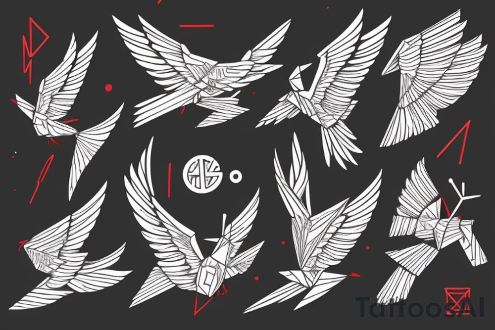 sketch geometric abstract style robin bird mid-flight with spread wings, dynamic, small amount of red accent tattoo idea