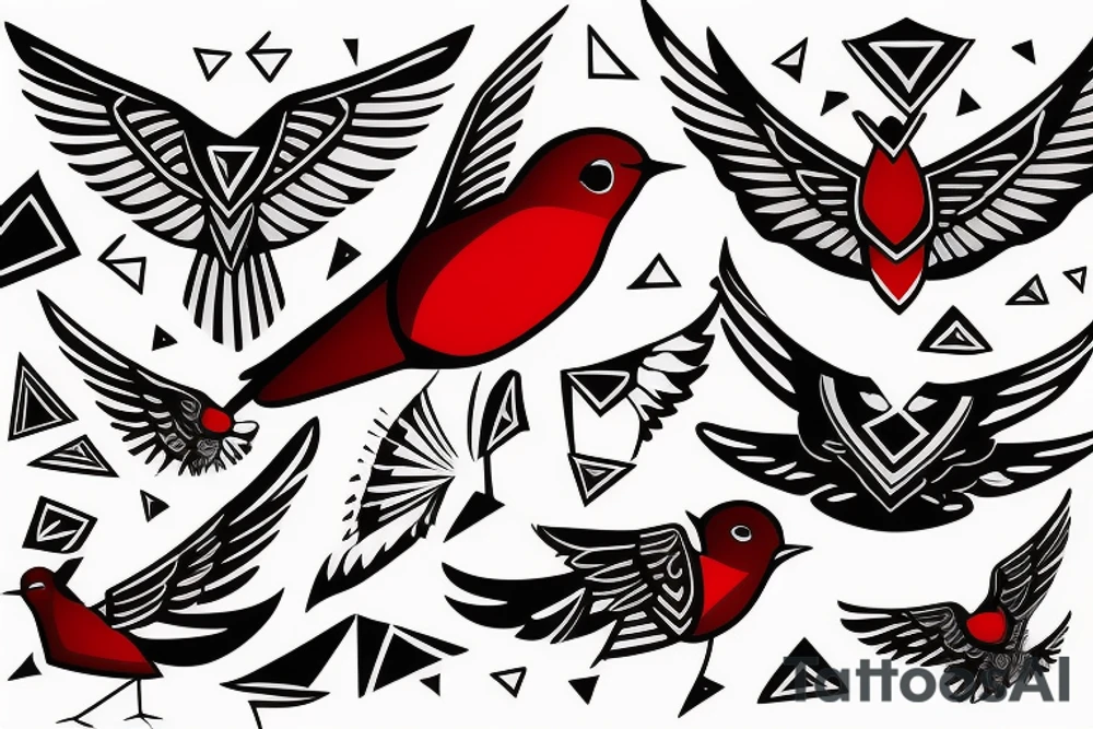 sketch geometric abstract style robin bird mid-flight with spread wings, dynamic, small amount of red accent tattoo idea