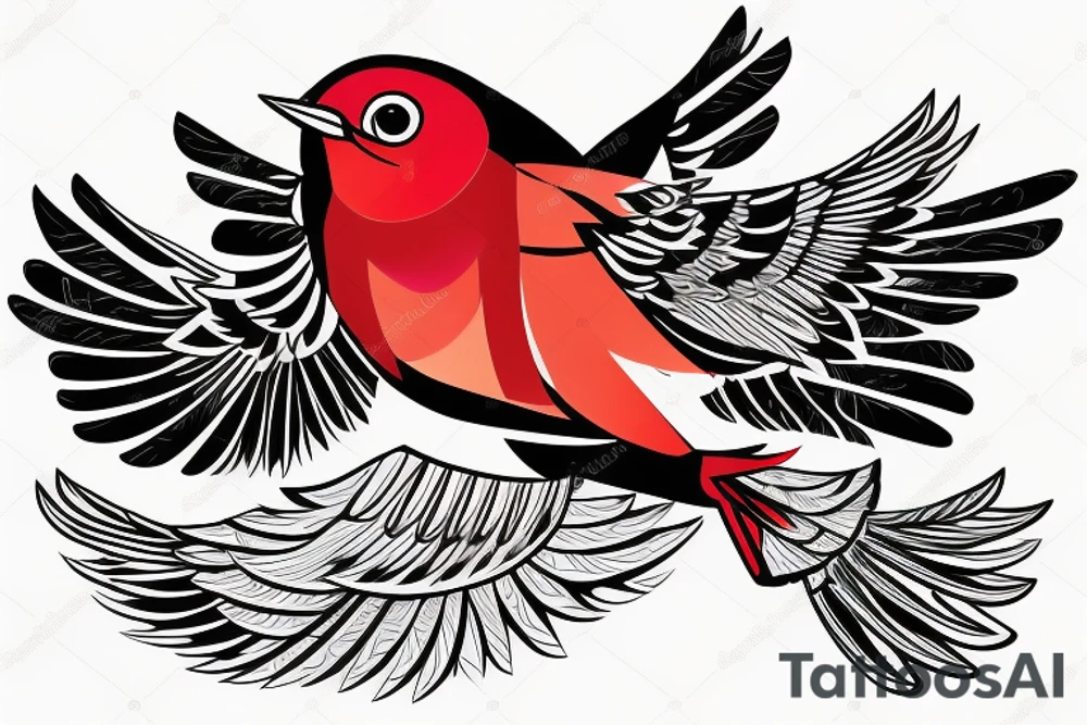 sketch geometric abstract style robin bird mid-flight with spread wings, dynamic, small amount of red accent tattoo idea