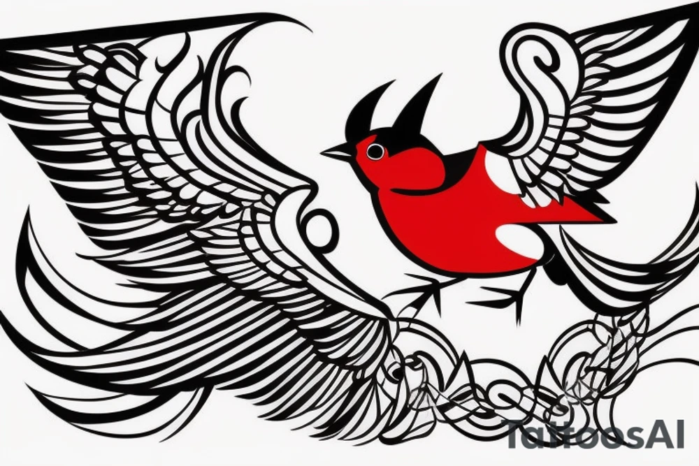 sketch geometric abstract style robin bird mid-flight with spread wings, dynamic, small amount of red accent tattoo idea