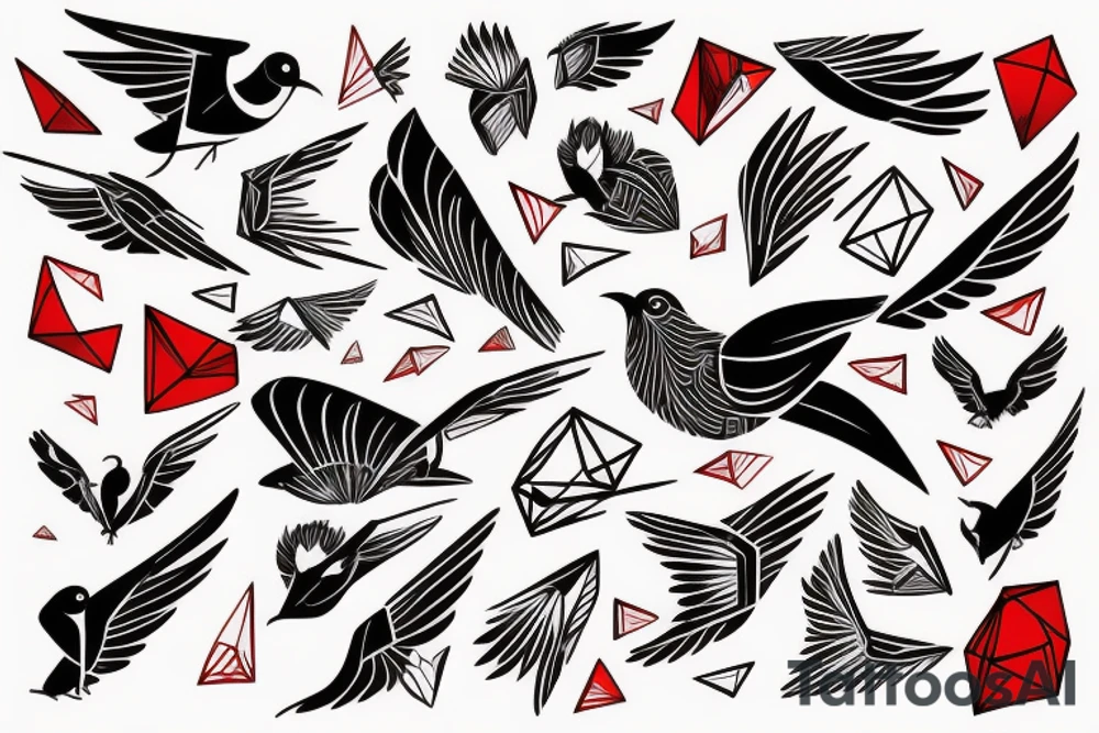 sketch geometric abstract style robin bird mid-flight with spread wings, dynamic, small amount of red accent tattoo idea