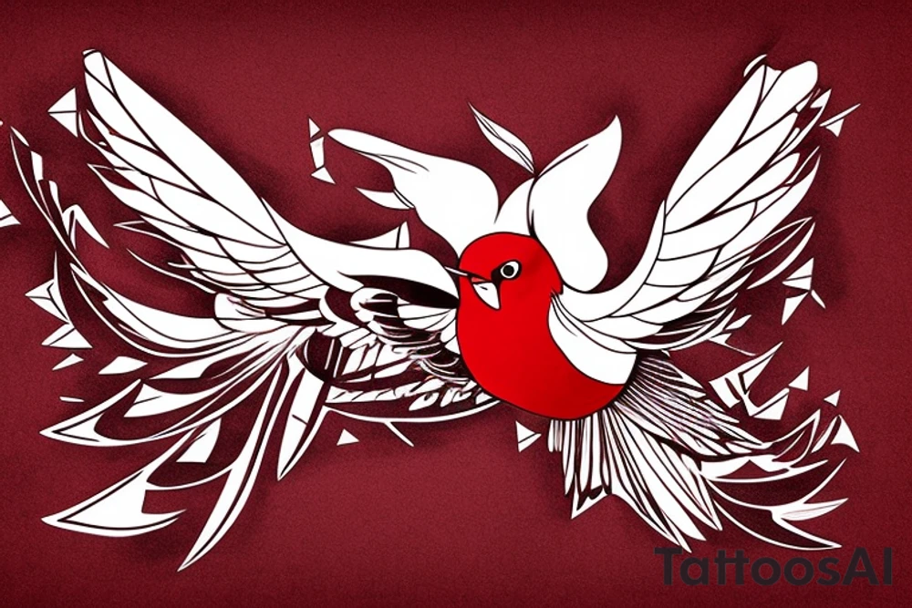 sketch geometric abstract style robin bird mid-flight with spread wings, dynamic, small amount of red accent tattoo idea