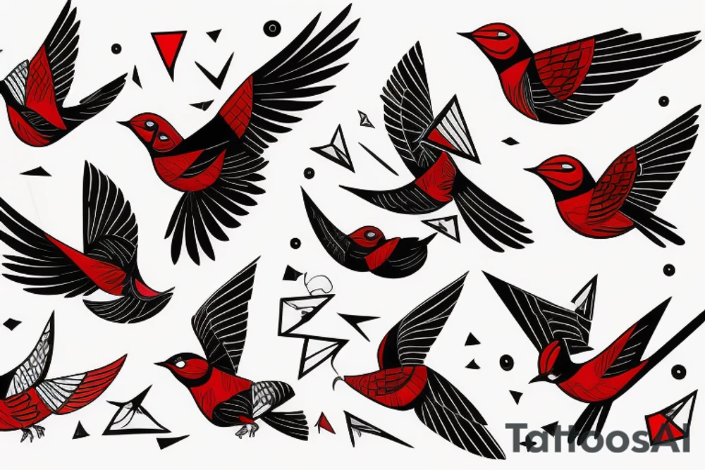sketch geometric abstract style robin bird mid-flight with spread wings, dynamic, small amount of red accent tattoo idea