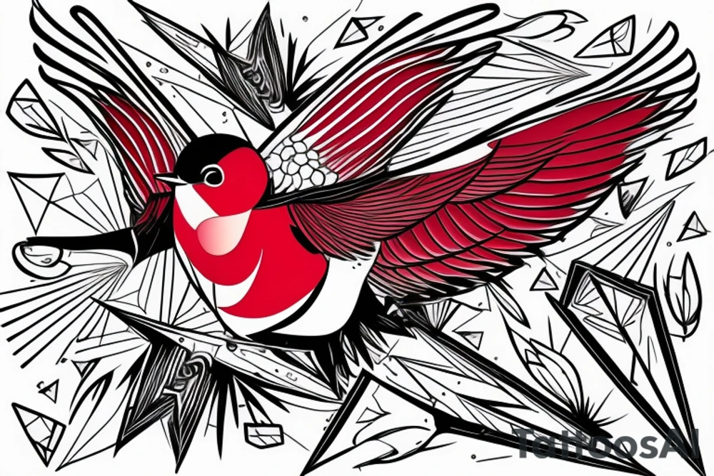 sketch geometric abstract style robin bird mid-flight with spread wings, dynamic, small amount of red accent tattoo idea