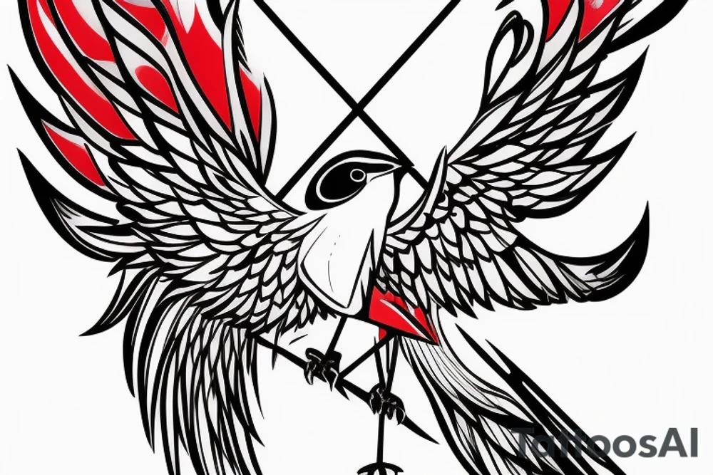 sketch geometric abstract style robin bird mid-flight with spread wings, dynamic, small amount of red accent tattoo idea