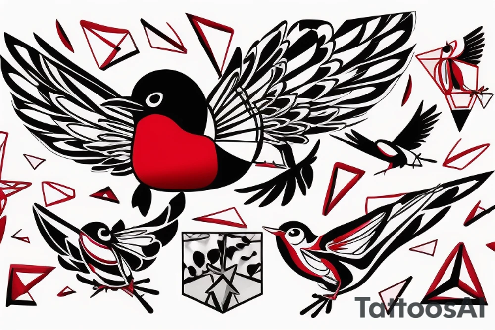 sketch geometric abstract style robin bird mid-flight with spread wings, dynamic, small amount of red accent tattoo idea