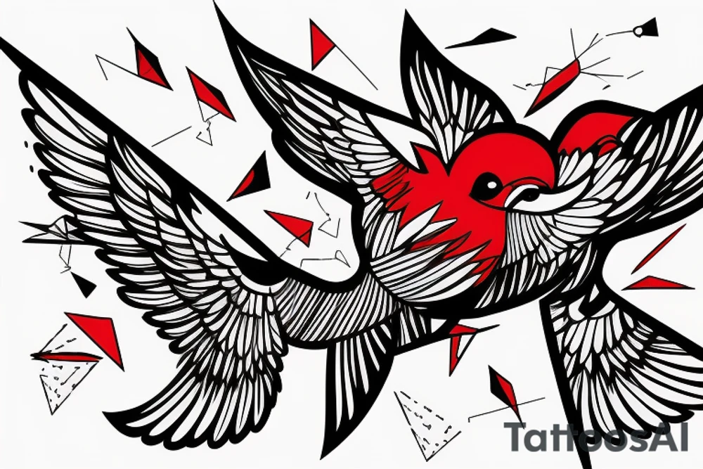 sketch geometric abstract style robin bird mid-flight with spread wings, dynamic, small amount of red accent tattoo idea