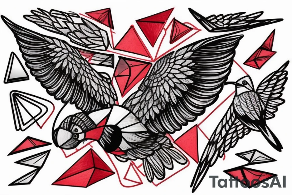 sketch geometric abstract style robin bird mid-flight with spread wings, dynamic, small amount of red accent tattoo idea