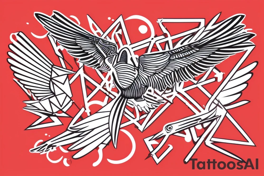 sketch geometric abstract style robin bird mid-flight with spread wings, dynamic, small amount of red accent tattoo idea