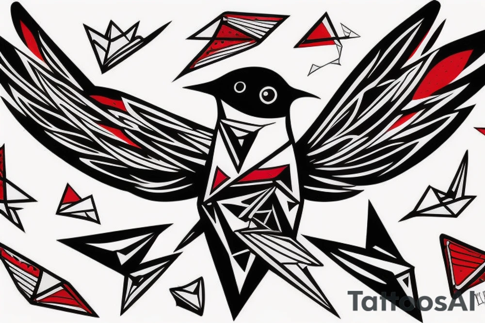 sketch geometric abstract style robin bird mid-flight with spread wings, dynamic, small amount of red accent tattoo idea