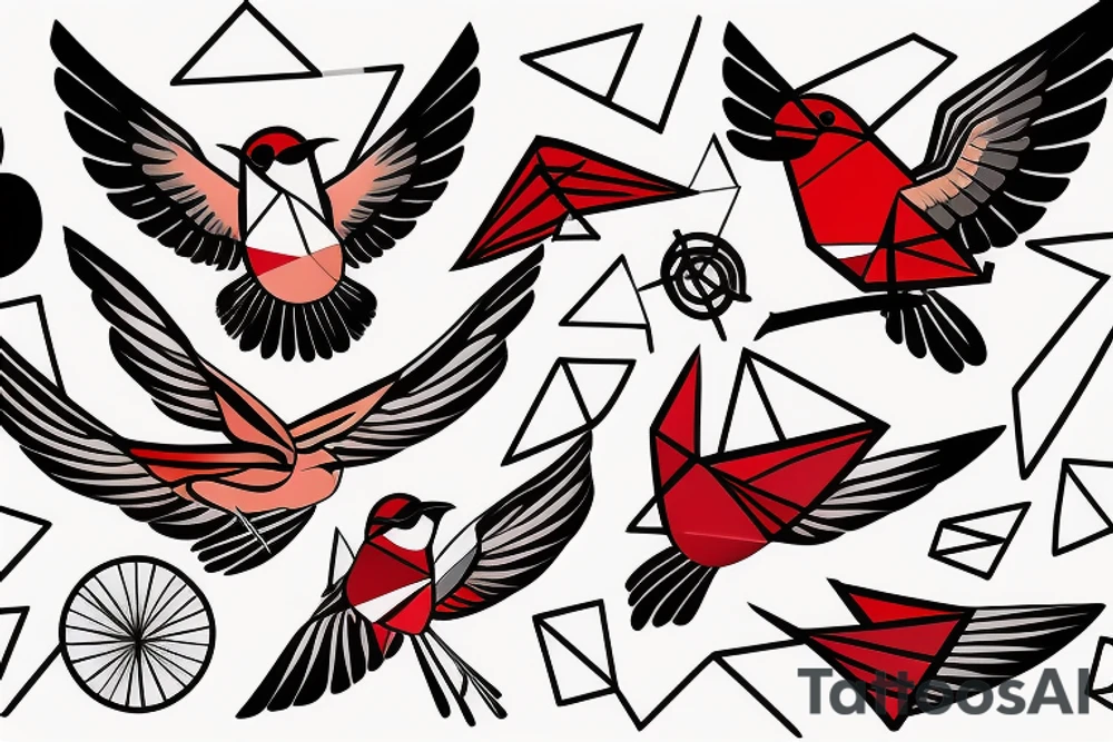 sketch geometric abstract style robin bird mid-flight with spread wings, dynamic, small amount of red accent tattoo idea