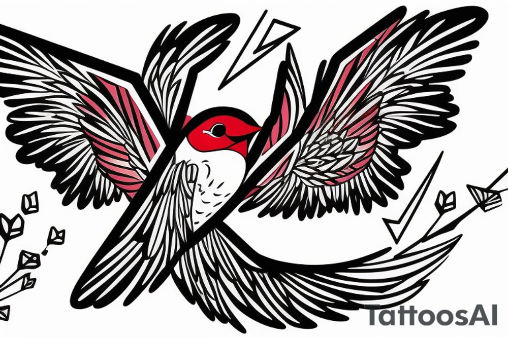 sketch geometric abstract style robin bird mid-flight with spread wings, dynamic, small amount of red accent tattoo idea
