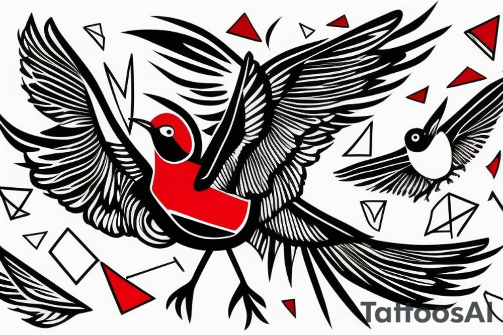 sketch geometric abstract style robin bird mid-flight with spread wings, dynamic, small amount of red accent tattoo idea