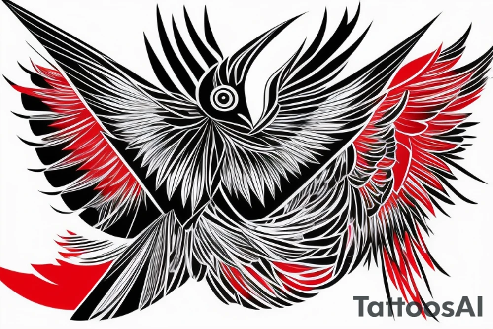 sketch geometric abstract style robin bird mid-flight with spread wings, dynamic, small amount of red accent tattoo idea