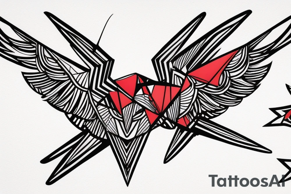 sketch geometric abstract style robin bird mid-flight with spread wings, dynamic, small amount of red accent tattoo idea