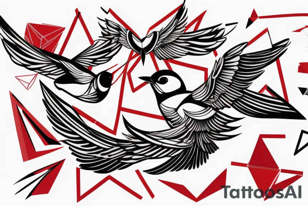 sketch geometric abstract style robin bird mid-flight with spread wings, dynamic, small amount of red accent tattoo idea