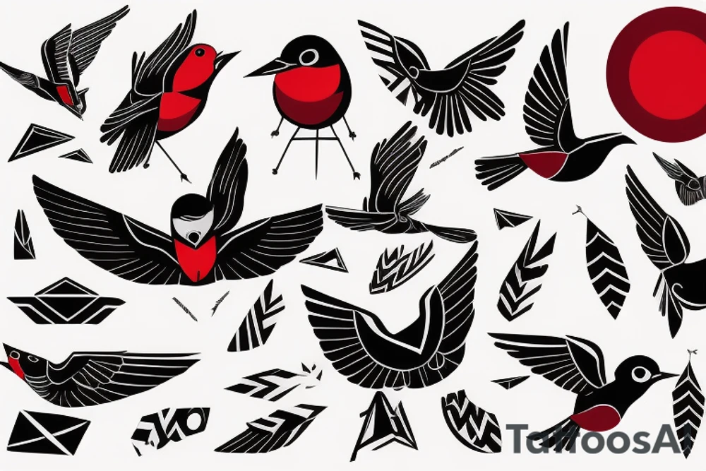 sketch geometric abstract style robin bird mid-flight with spread wings, dynamic, small amount of red accent tattoo idea