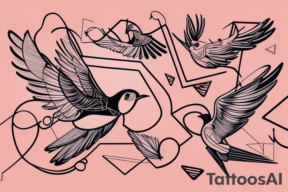 sketch geometric abstract style robin bird mid-flight with spread wings, dynamic, small amount of red accent tattoo idea