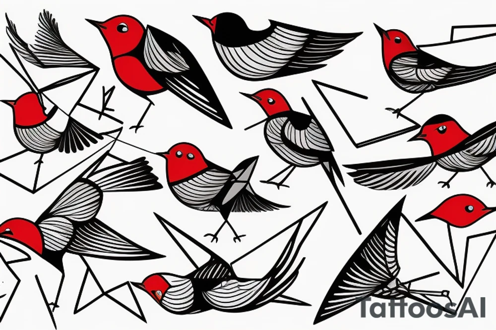 sketch geometric abstract style robin bird mid-flight with spread wings, dynamic, small amount of red accent tattoo idea