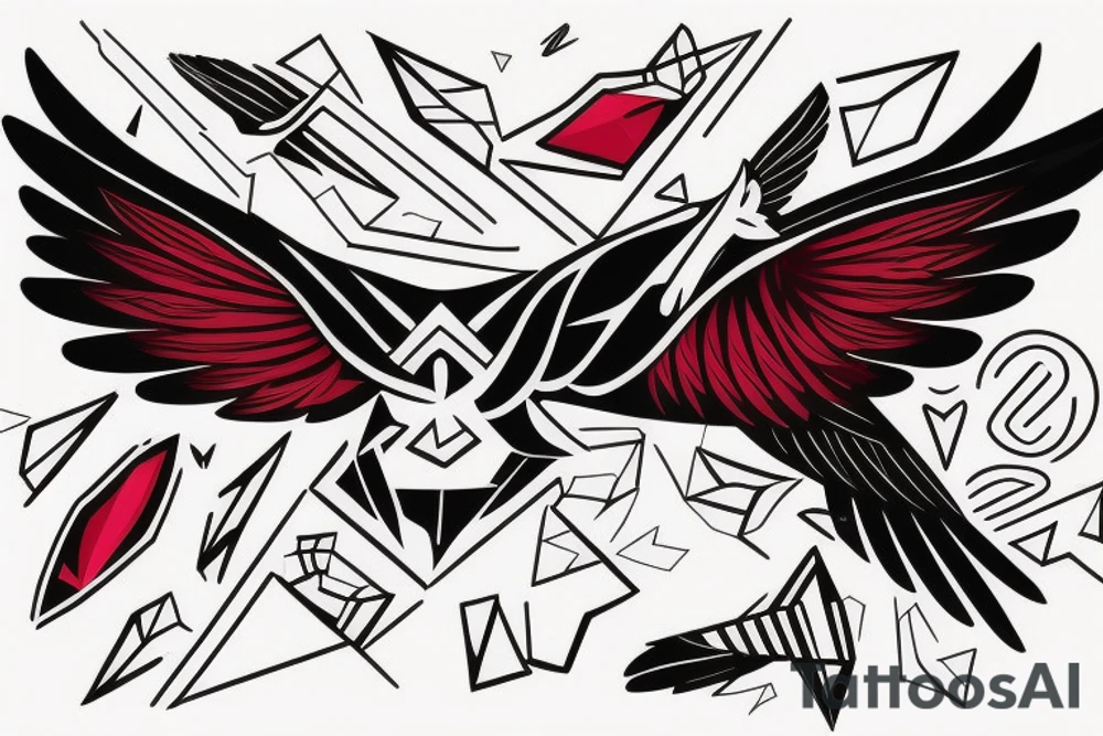 sketch geometric abstract style robin bird mid-flight with spread wings, dynamic, small amount of red accent tattoo idea