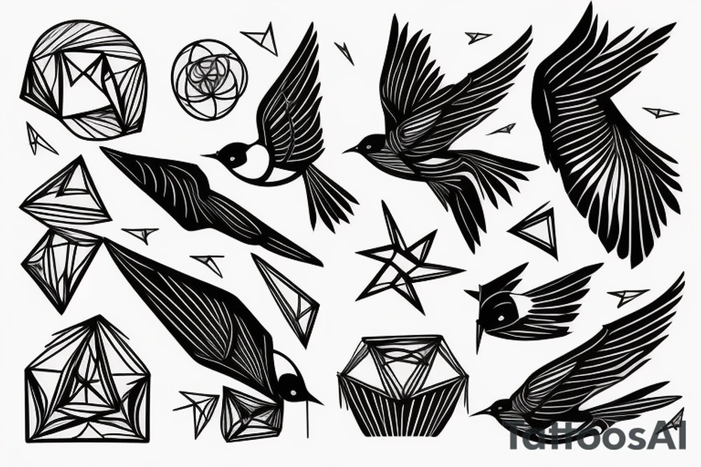 sketch geometric abstract style robin bird mid-flight with spread wings, dynamic, small amount of red accent tattoo idea