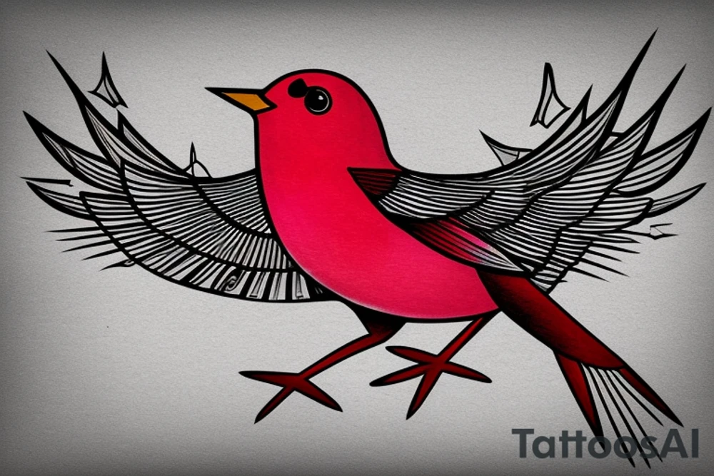 sketch geometric abstract style robin bird mid-flight with spread wings, dynamic, small amount of red accent tattoo idea