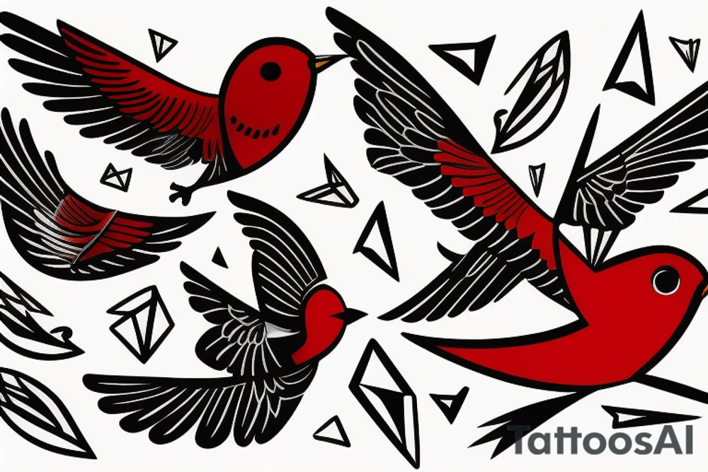 sketch geometric abstract style robin bird mid-flight with spread wings, dynamic, small amount of red accent tattoo idea