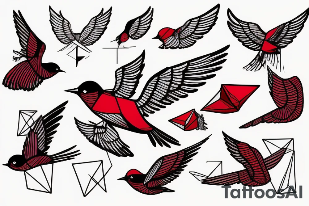 sketch geometric abstract style robin bird mid-flight with spread wings, dynamic, small amount of red accent tattoo idea