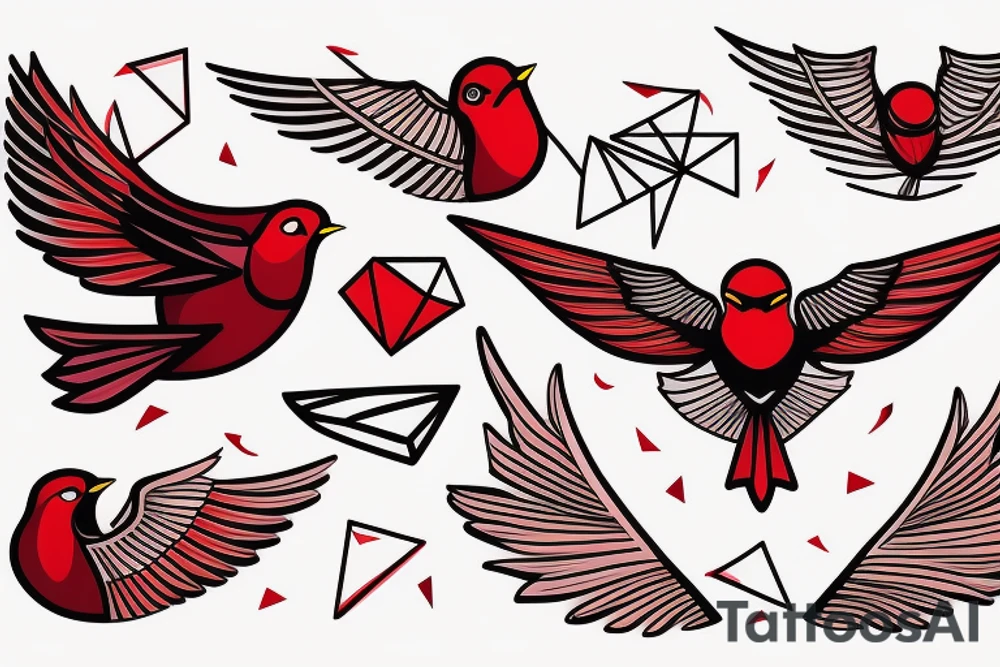 sketch geometric abstract style robin bird mid-flight with spread wings, dynamic, small amount of red accent tattoo idea