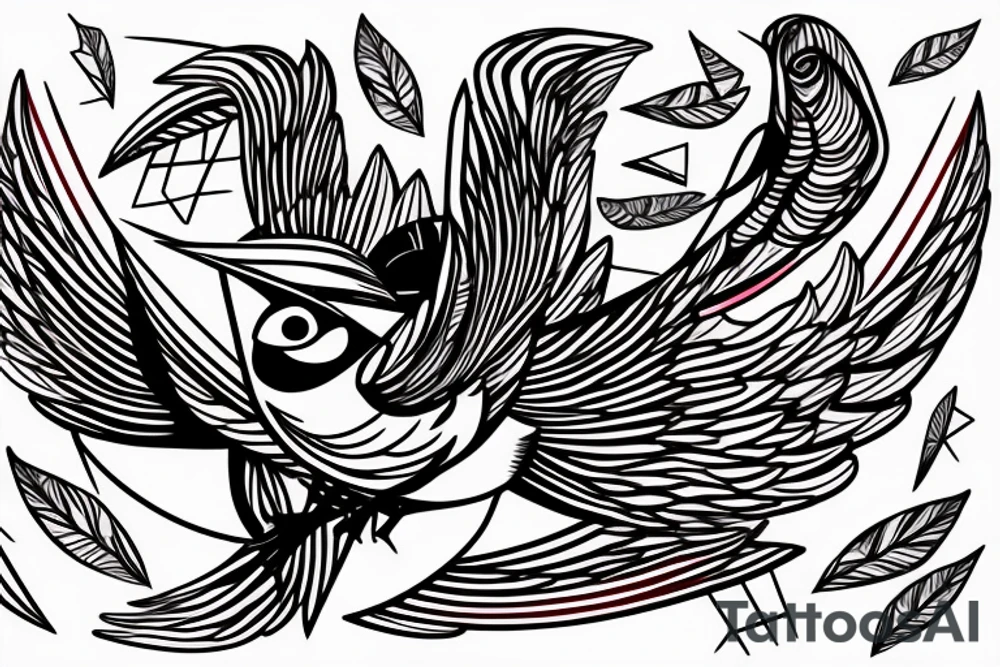 sketch geometric abstract style robin bird mid-flight with spread wings, dynamic, small amount of red accent tattoo idea