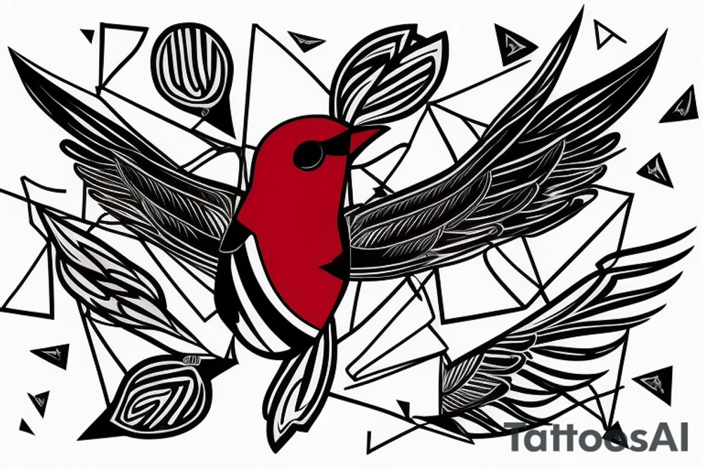 sketch geometric abstract style robin bird mid-flight with spread wings, dynamic, small amount of red accent tattoo idea