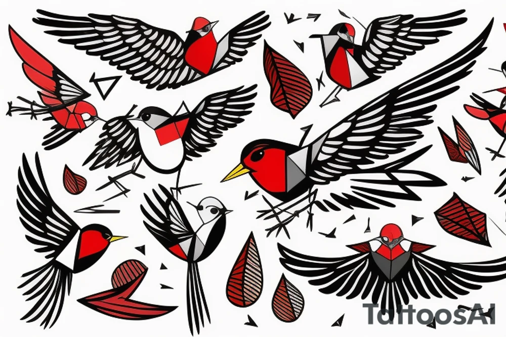 sketch geometric abstract style robin bird mid-flight with spread wings, dynamic, small amount of red accent tattoo idea